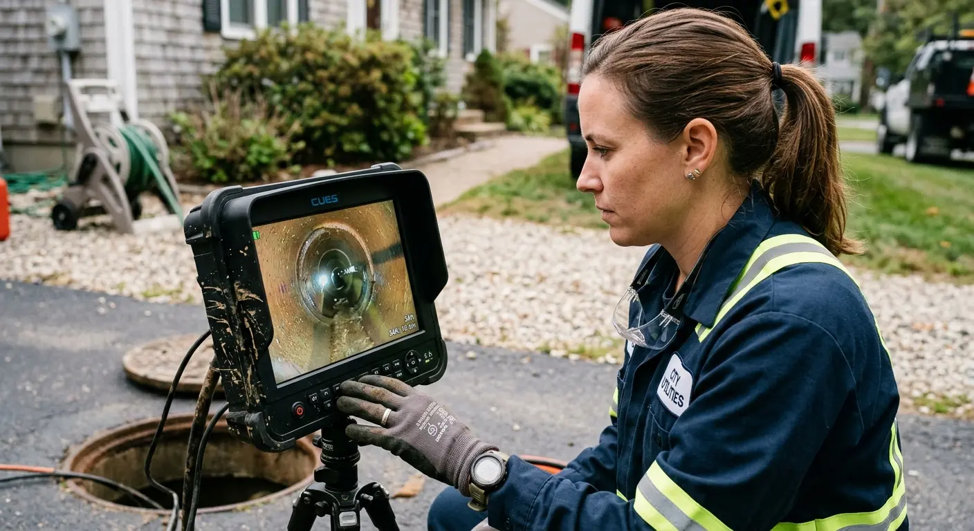 Technician reviewing sewer camera inspection footage in Chalco