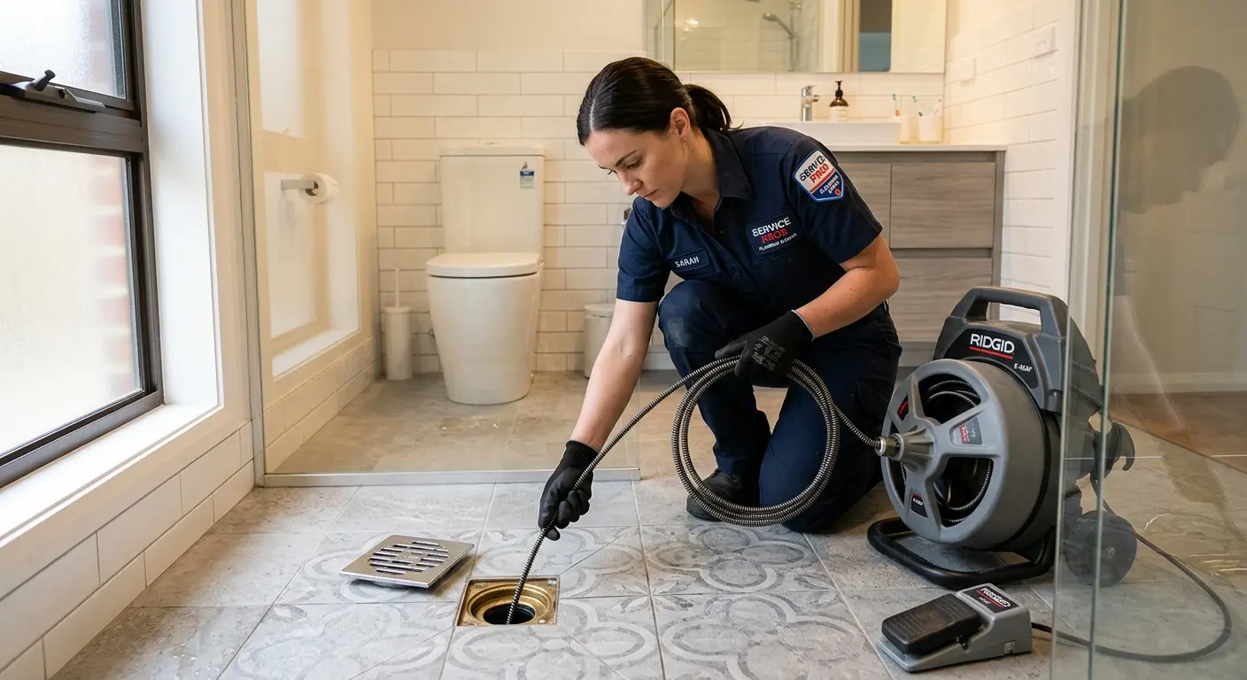 Technician clearing a bathroom floor drain for Sewer Line Installation in Chalco